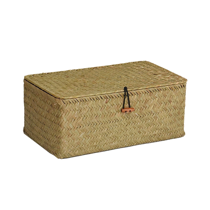 Rectangular Weaved Storage Box with Lid Rattan Storage Baskets Home Bathroom Sundries Laundry Toys Clothes Storage Organizer: Natural color / XXL-32x22x15cm