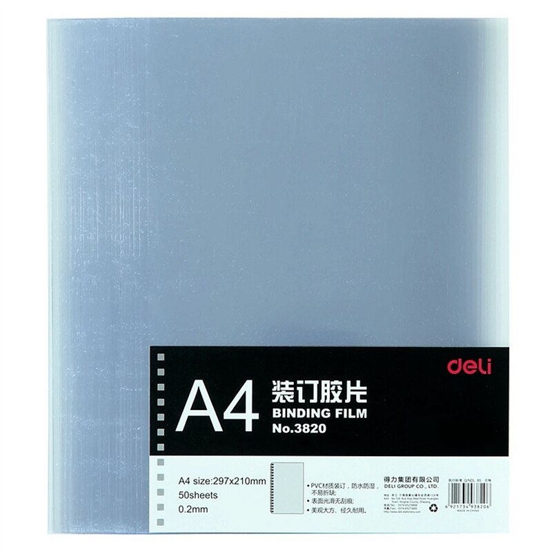 50 Stks/partij Deli 3820 Pvc Binding Film A4 297X210Mm Kam Binding Machine Leveranciers 0.2Mm A4 Transparant binding Film