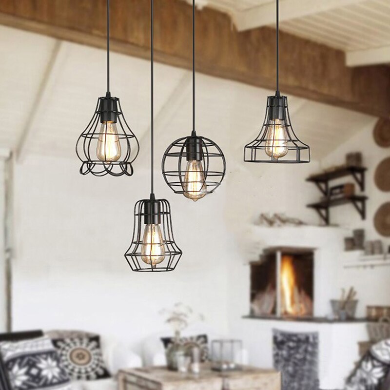 Cortina de lámpara Vintage de hierro lámparas tipo jaula colgante de Metal techo colgante de luz para el hogar restaurante Decoración Accesorios