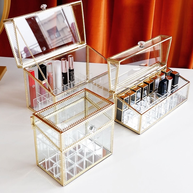 Boîte de rangement de maquillage doré boîte de rangement étui cosmétique en verre pour rouge à lèvres soins de la peau vernis à ongles présentoir de parfum