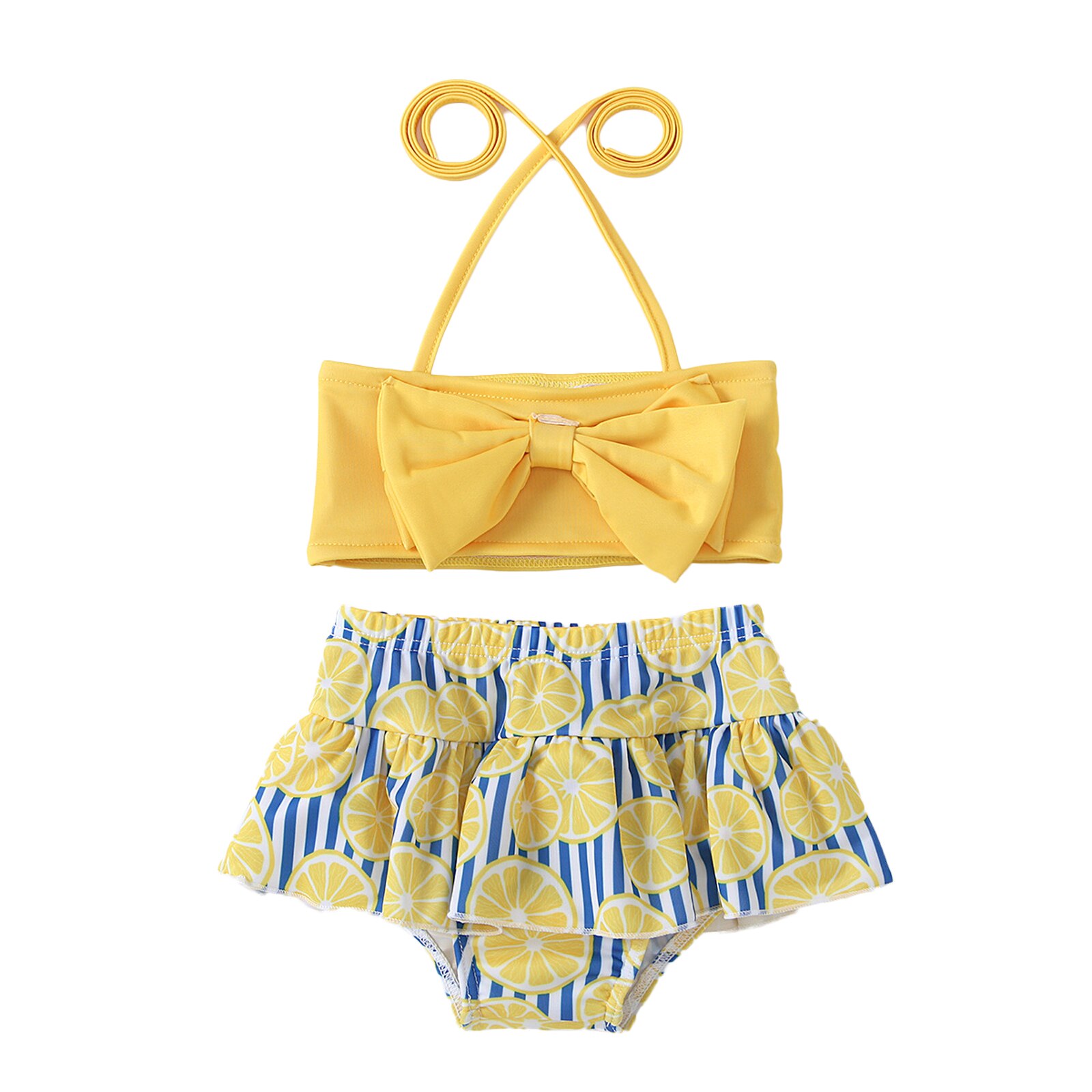 Girls Two-piece Swimming Clothes Set, Halter Neck Sleeveless Tops and Printed Pattern Shorts, Rosy/ Red/ Orange/ Yellow 6M-4T: YELLOW / 24M