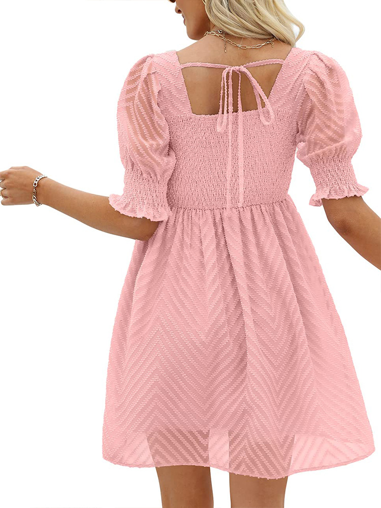 Damen-Sommerkleid 2023, lässig, fließend, Strand, quadratischer Ausschnitt, Laterne, kurze Ärmel, plissiert, A-Linien-Kleid, Krawatte, Minikleid