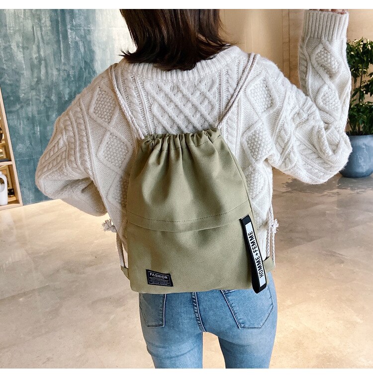 Women Casual Canvas Drawstring Backpack Men Solid Color Letter Pattern Bag Drawing Straps Closure Outdoor Bag: Green  