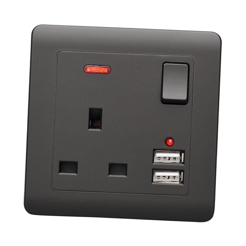 Wall Socket UK Plug 2 USB Charger Port Outlets Plate Single Switch Black