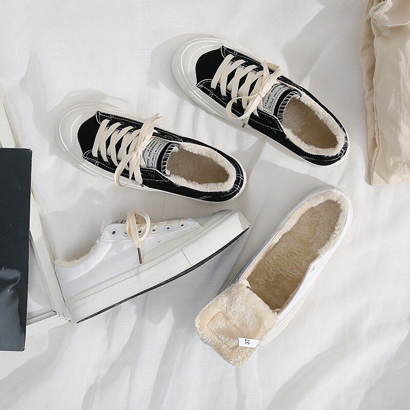 Hiver velours fourrure baskets femme chaussures décontractées coton rembourré baskets fourrure toile vulcaniser nouvelles femmes à lacets couture