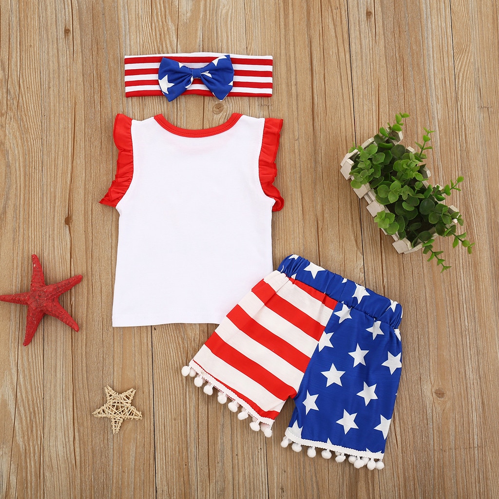 Boutique Girls Clothing Set American Patriotic Striped Cotton Outfits Toddler Kids Clothing 4th of July Girls Baby Clothing Set