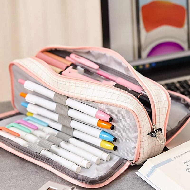 ANGOO Pencil Case Big Capacity 3 Compartments Canvas for Students
