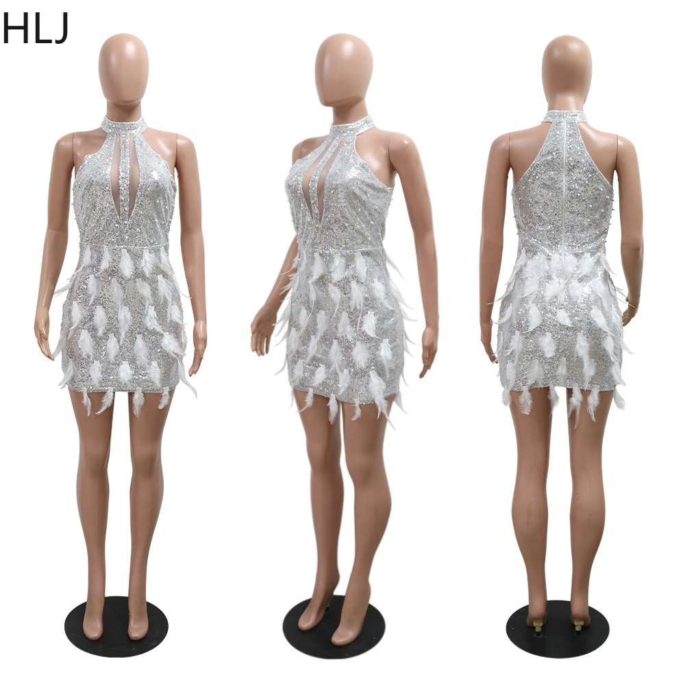 Hlj sexet mesh splicing pailletter fjer bodycon festklubkjole kvinder rund hals ærmeløs slank vestidos kvindeligt aftentøj