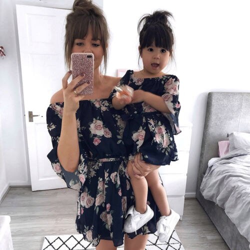 Mother Daughter Dresses Floral Summer Off shoulder A-Line Belt Mom Girls Dresses Family Matching Outfits Sundress: XL