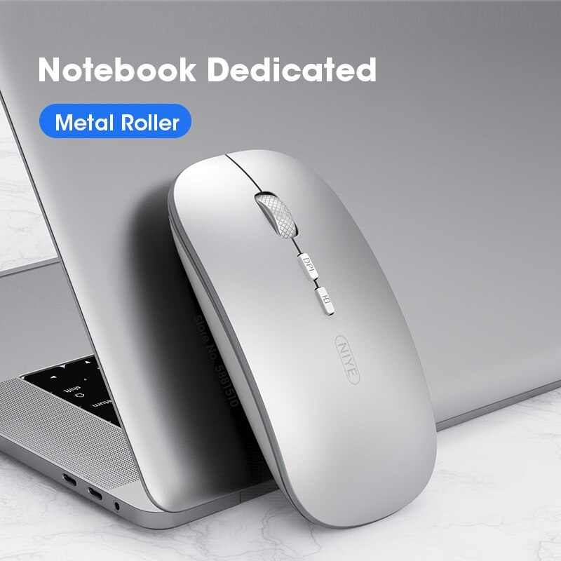 Niye Rechargeable Wireless Mouse - Bluetooth & 2.4GHz USB - Silent Click - Adjustable DPI - for iPad, Laptop, PC