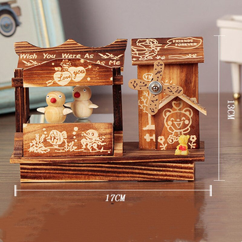 Wooden Windmill Rotating Music Box Musical Case with Little Bird Pen Holder Birthday Hoilday Students