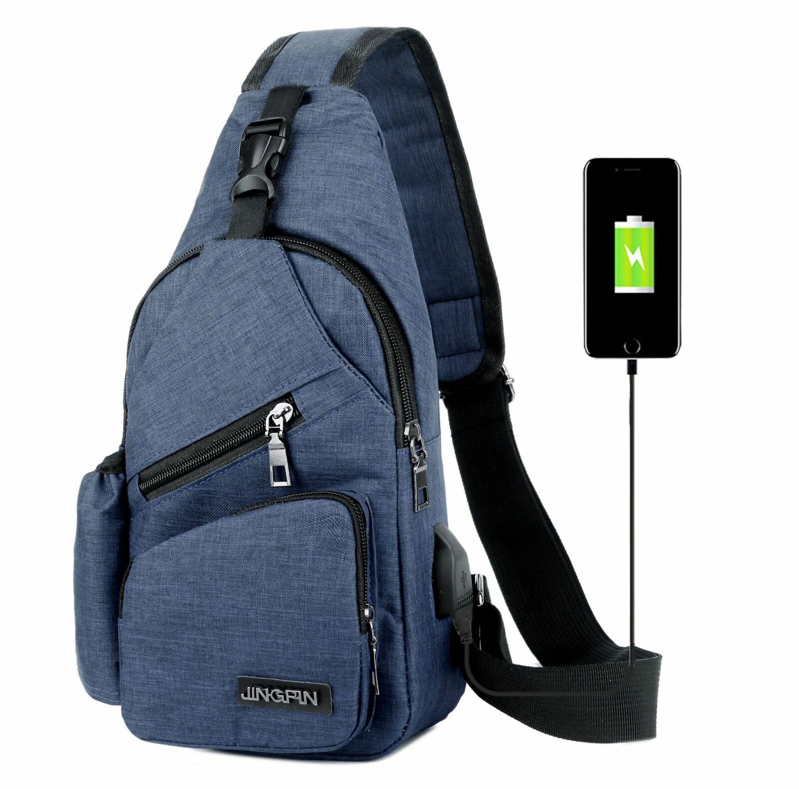 Newest Men Canvas Sling Bag Chest Crossbody Messenger Shoulder Travel Sports USB Charging Waist Packs: Blue
