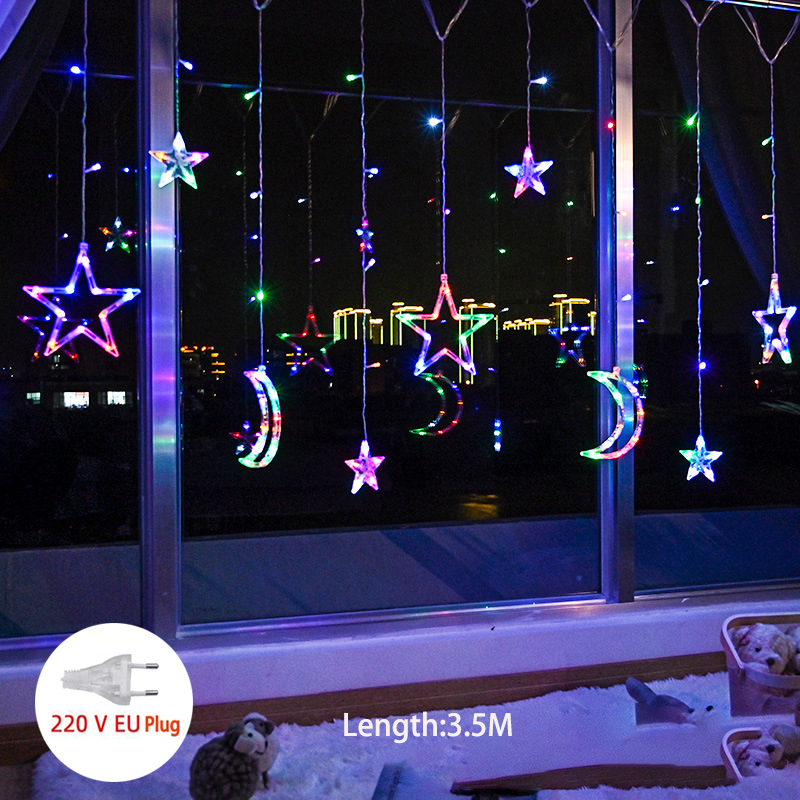 Cortina de luces LED con forma de ciervo, Estrella y Luna, guirnalda de luces de colores para Navidad, decoración de Año , para exteriores, hogar, boda, , 220V: multi  star moon