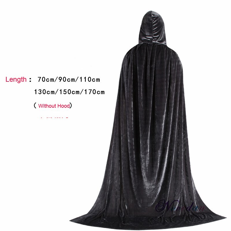 Adulto crianças halloween veludo capa com capuz traje medieval bruxa wicca vampiro elfo purim festa de carnaval: Length 70cm / Black
