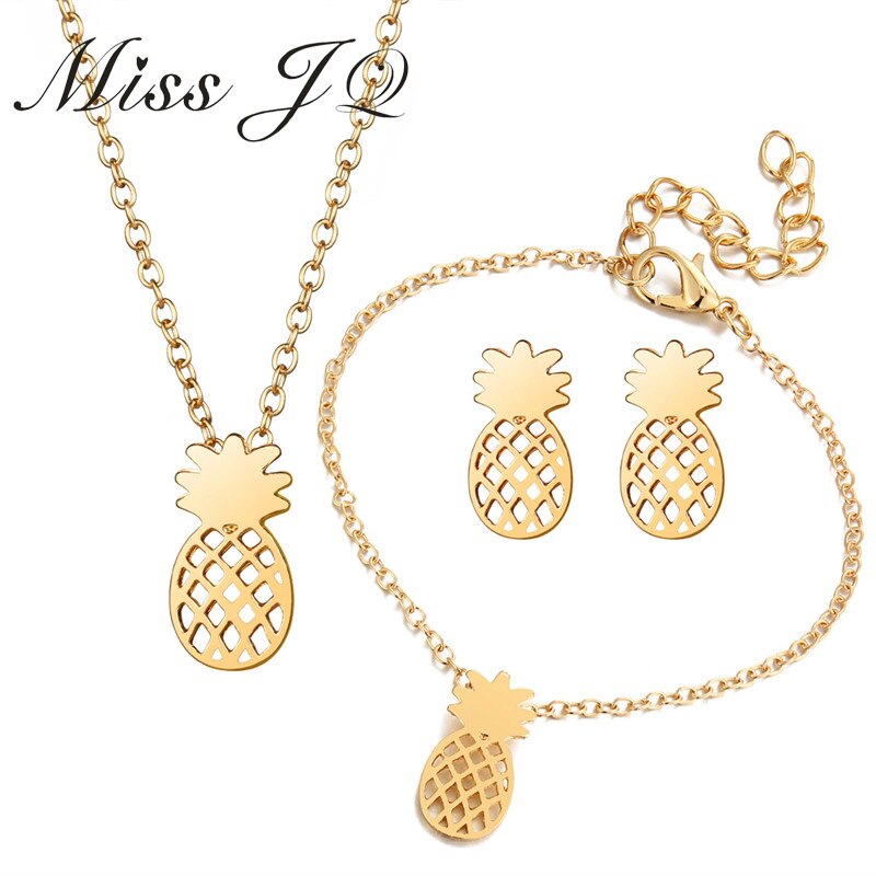 Miss JQ Mode Leuke Rvs Ananas Hanger Neckalce Goud Kleur Armband Stud Oorbellen Sieraden Set Voor Vrouwen