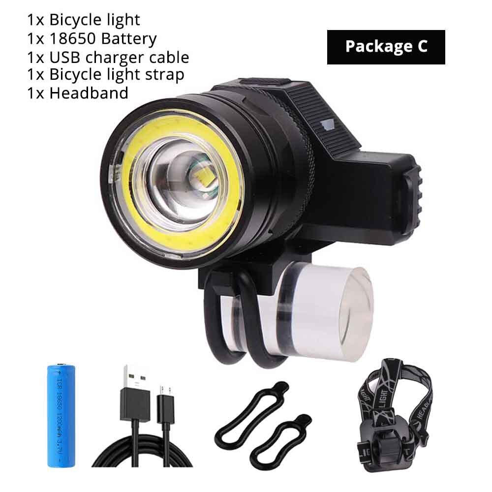 USB charging bicycle light 5 lighting mode super bright LED bike light waterproof zoom cycling accessories suit for night ride: Package C
