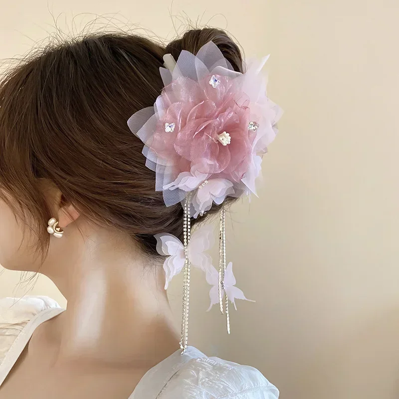 Fleurs de gaze rose strass papillon longue frange requin griffes de cheveux pour les femmes Super fée douce Fairycore accessoires