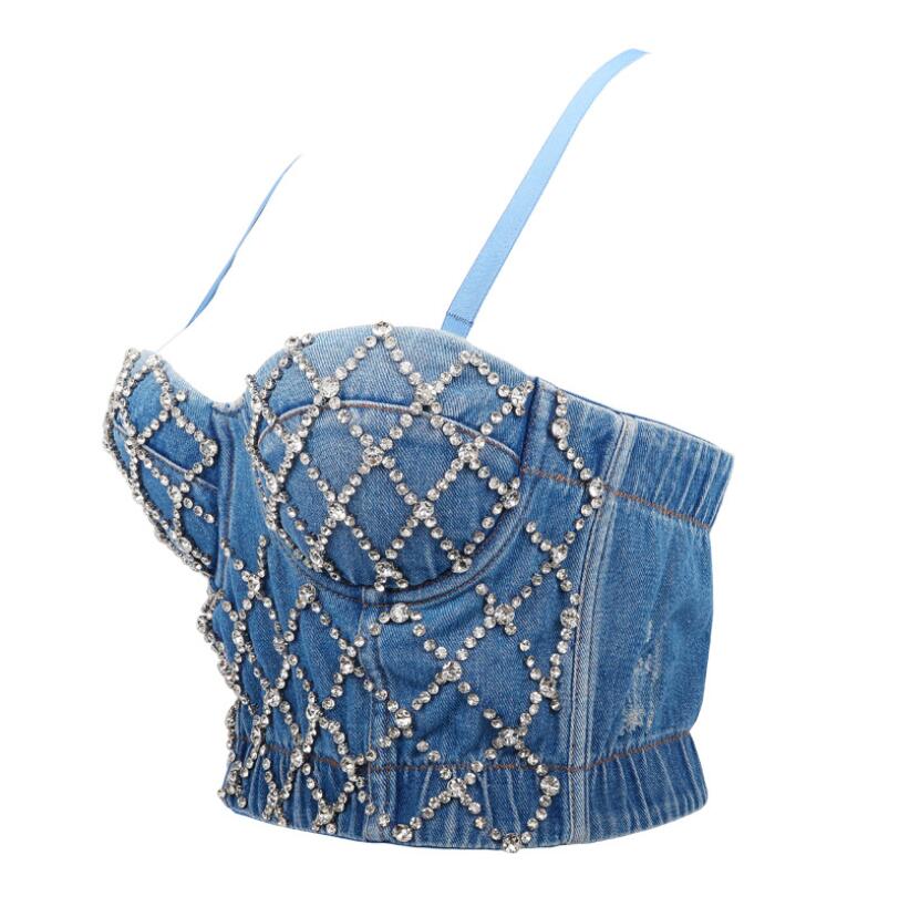 Denim diamantväst dam bustier bh nattklubb fest cropped top väst plus size handgjord väst diamant bh  p1262