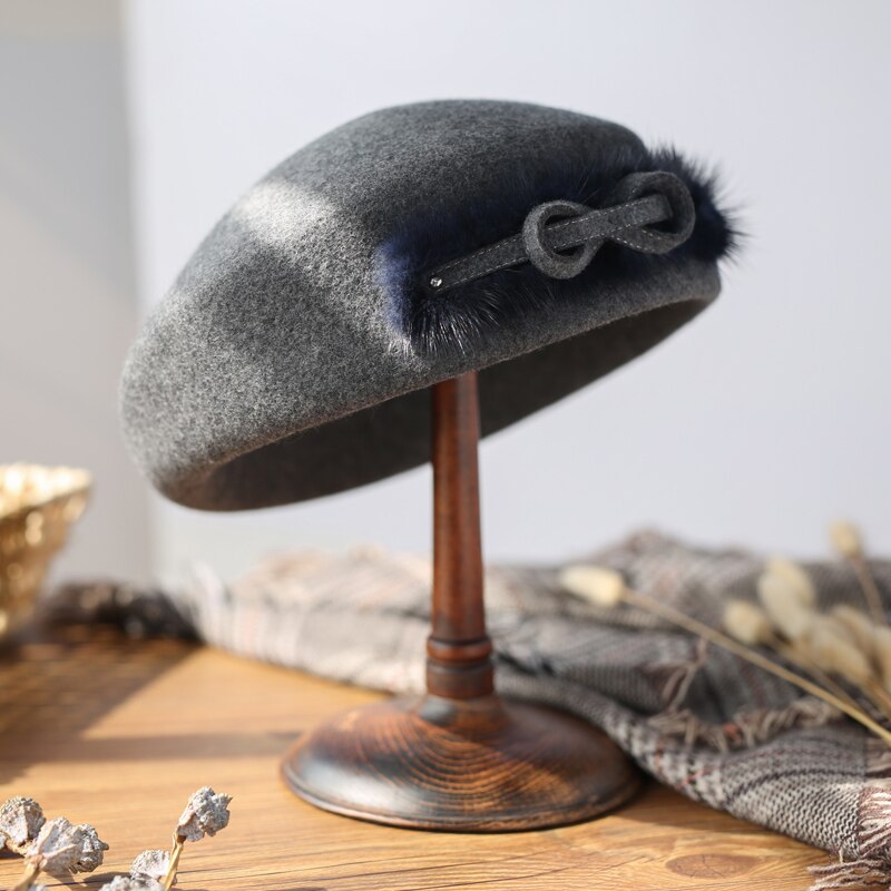 Lady formal vaction dress headwear cocktail pillbox hat UK lady racing fascinator women 100% wool felt beret cap: mixed gray
