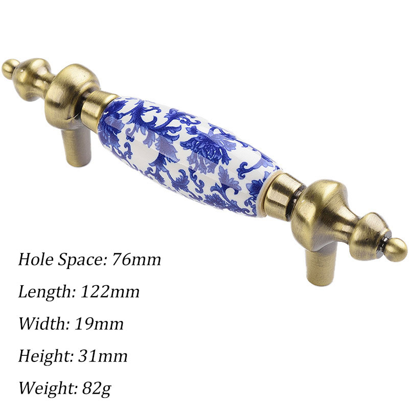 Tiradores de cerámica para armarios y cajones, pomos de puerta redondos con flores azules, tiradores de muebles Vintage, tiradores de armario de bronce antiguo: Gris claro