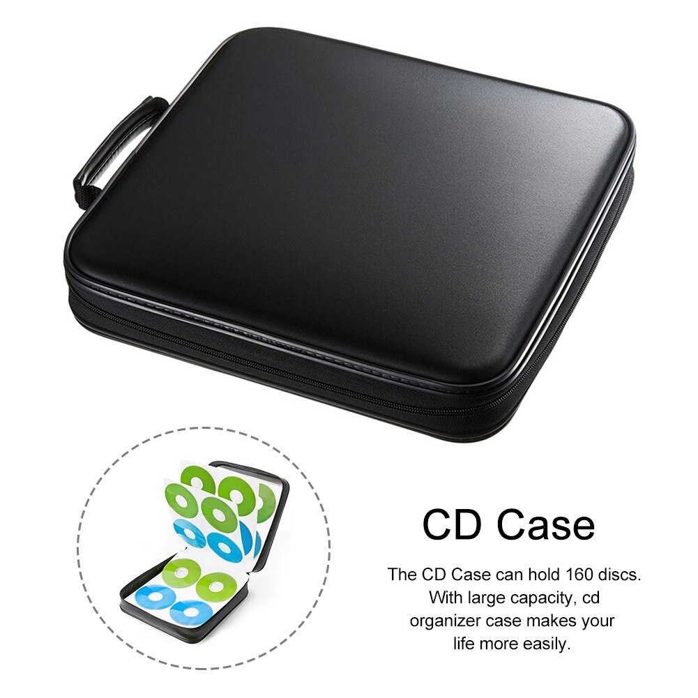 Portable Storage Box Travel DVD VCD Wallets CD Case Hard Shell Anti Scratch Double Zipper Black Home 160 Capacity Disc Organizer