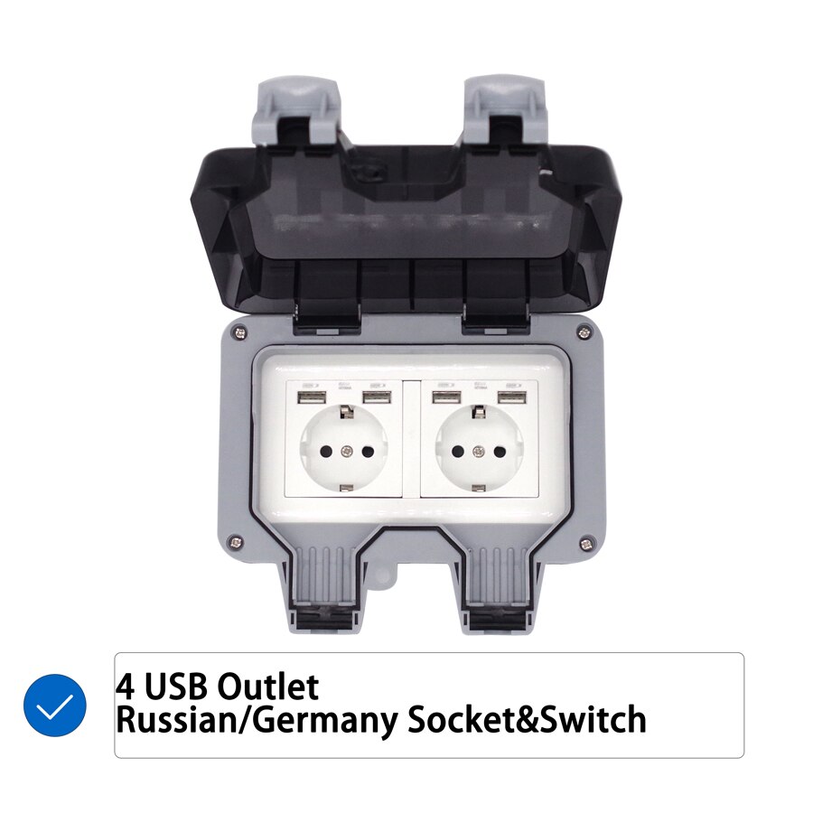 2gang Russian Germany outdoor waterproof socket 13A with USB outlet 5A: Default Title