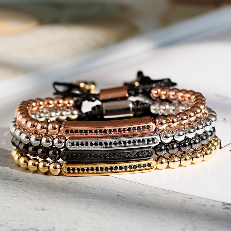 Luxe lange pavé geweven armband met cz zirkonia voor heren en dames, bedelarmband van koperen kralen