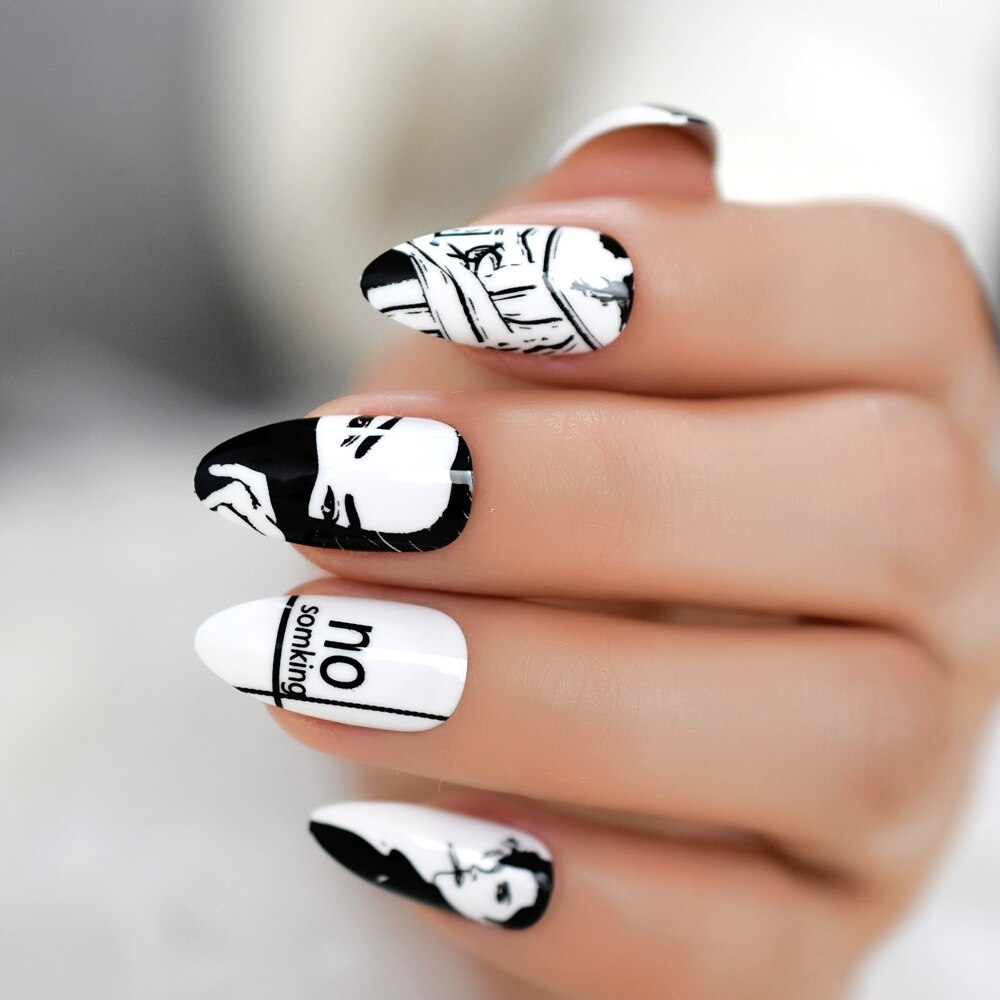 Stiletto bande dessinée fumer blanc faux ongles noir moyen artificiel ongles conseils dessin animé modèle manucure faux ongles