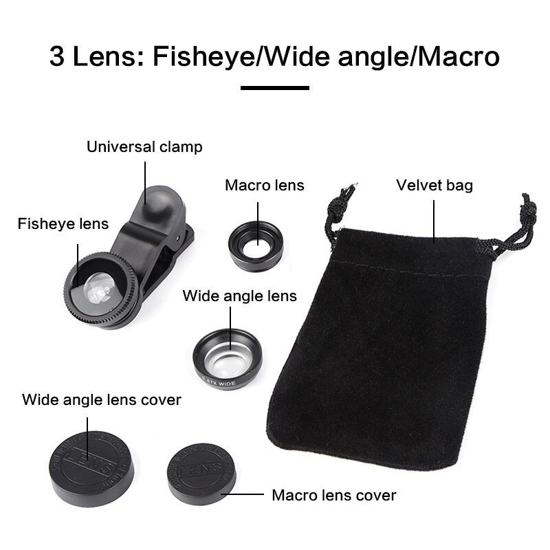3 in 1 vidvinkel makro 180 graders fiskeøjeobjektiv kamera kits mobiltelefon fisk øjenlinser med klip 0.67x til iphone samsung htc