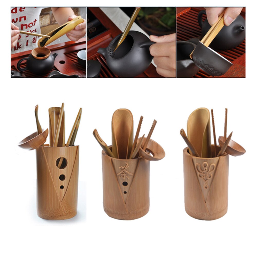 6 Pcs Bamboo Cylinder Chinese Kung Fu Tea Set Carved Korean Style Word "Tea" Tea Making Tool Kit Kitchen Accessories (Tea Bucket