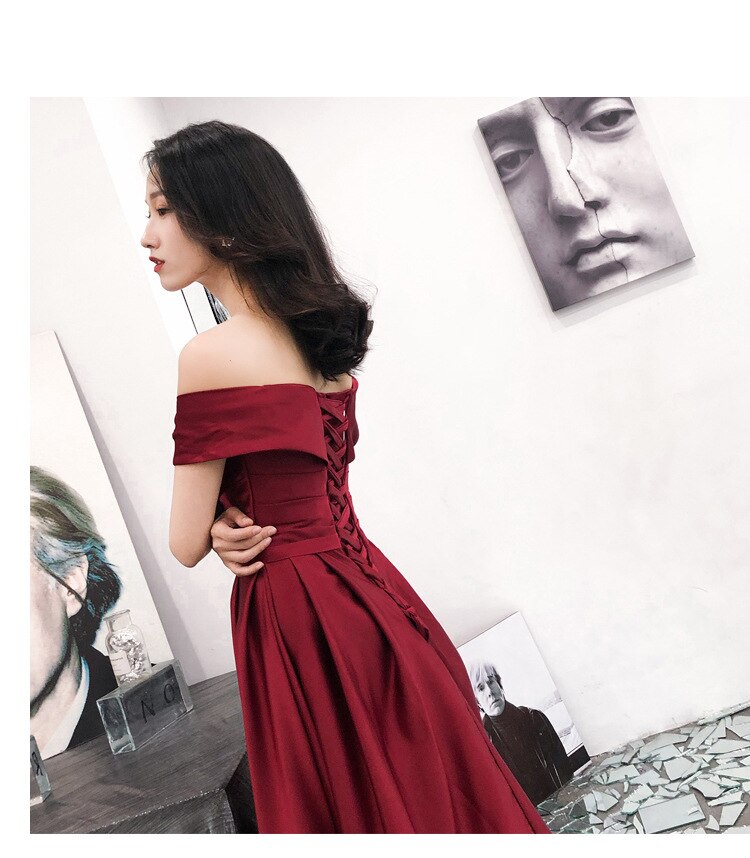 Vestido largo de noche para mujer, prenda con hombros al descubierto, temperamento Noble, talla grande, vino tinto, tostado, novia, Reunión Anual