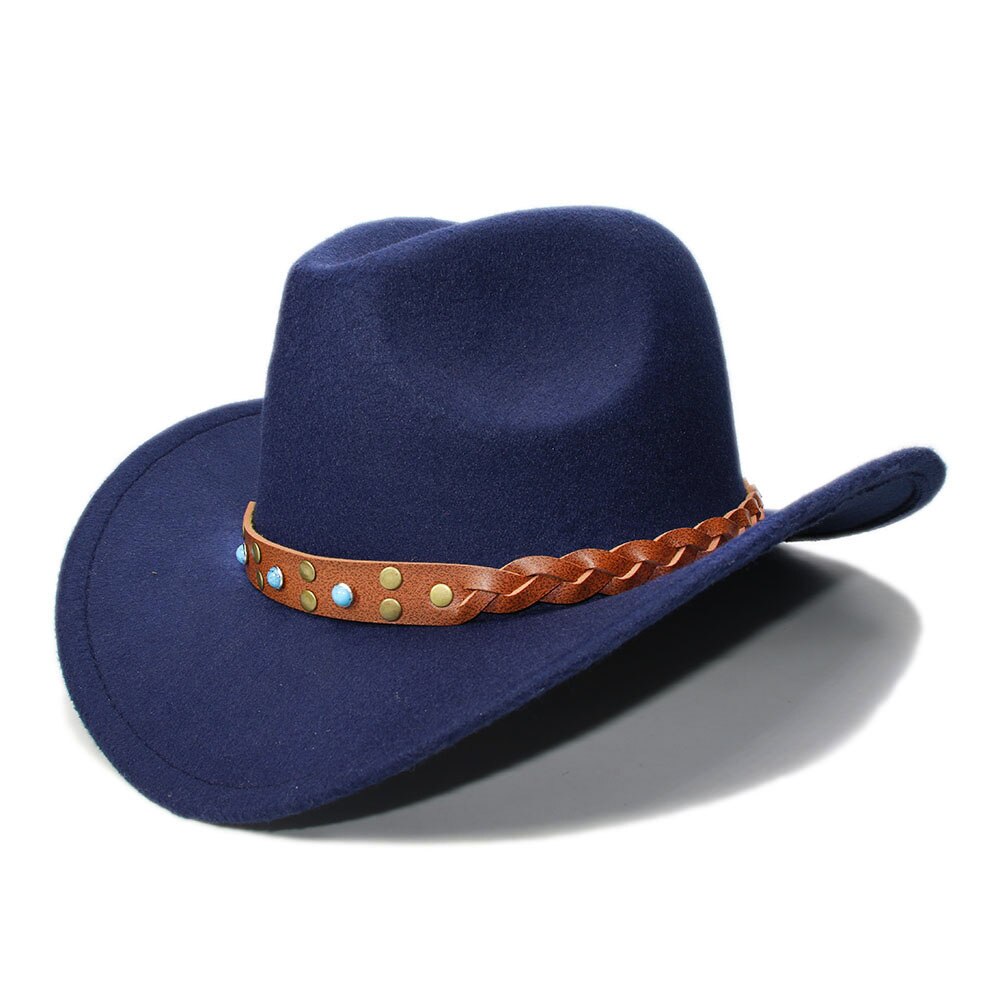 LUCKYLIANJI Womem Men Female Male's Wool Felt Western Cowboy Hat Wide Brim Cowgirl Braid Leather Band (One Size:57cm): Navy