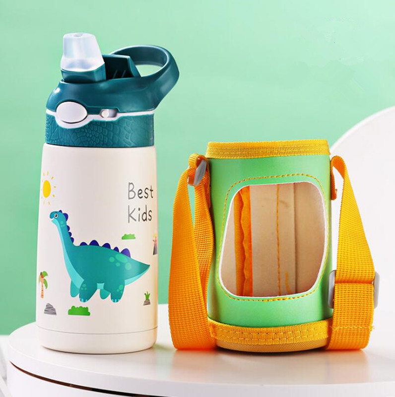 Bouteille d&#39;eau Thermos pour enfants de 400ML, tasse Thermos pour enfants, bébé canard, paille à billette, flacons sous vide en acier inoxydable 316, gobelet, tasse thermique: Green with bag
