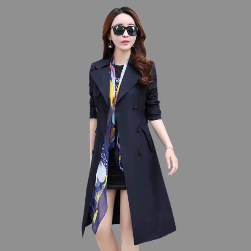 Printemps automne Trench manteau Double boutonnage Trench manteau femme Trench manteau longue femmes coupe-vent grande taille pardessus femme vêtements: Marine Bleu / L
