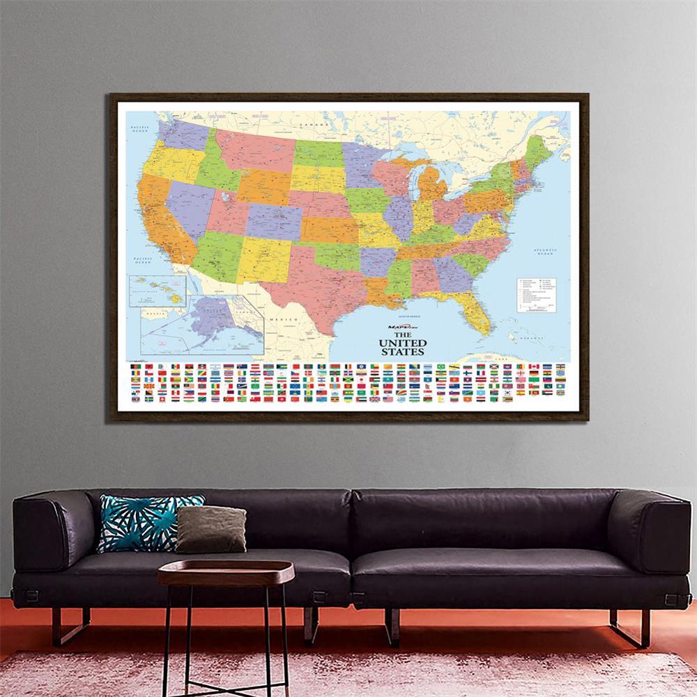 150 x 100cm ikke-vævet kort over usa med nationale flag detaljeret amerikansk kort til kultur og uddannelse