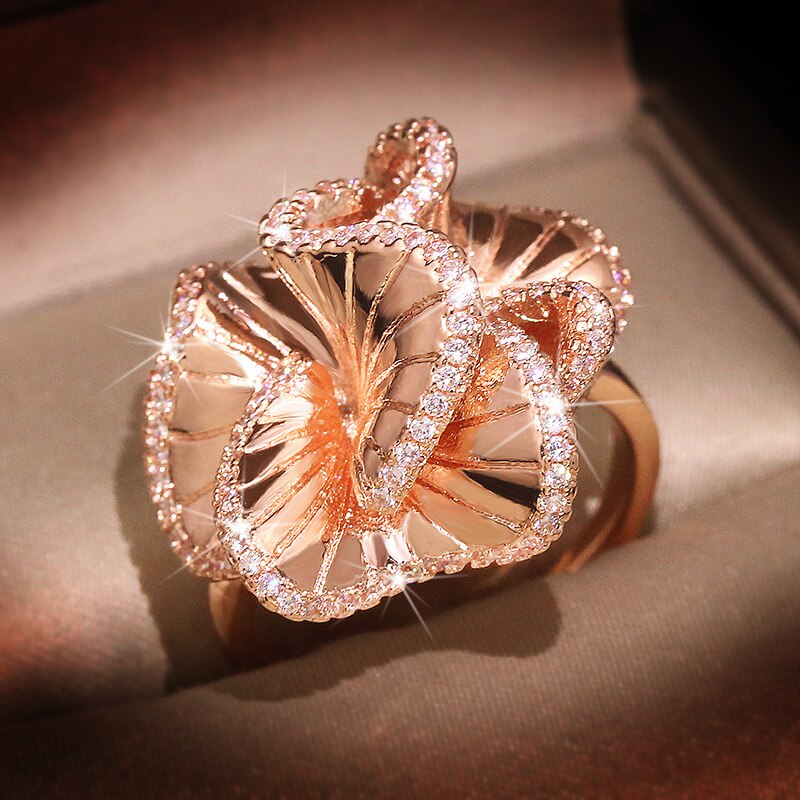 Newest Orange Stereo Camellia Ring Rose Gold Ring for women wedding party ring jewelry