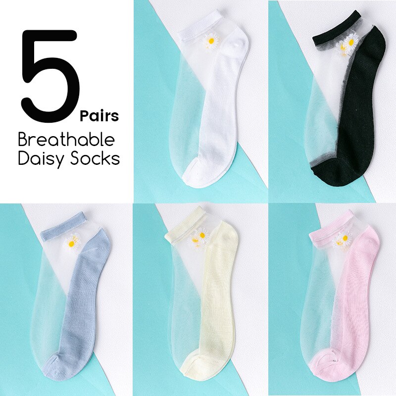 5Pairs/Lot Women Socks for summer Ultra-thin Transparent Cass Glass fiber Silk Socks daisy Flower Japan Ankle Socks: 375-daisy