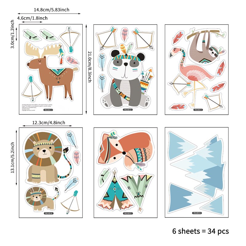 Tofok Ins adhesivos de pared de animales tribales creativos DIY estilo indio niños sala de estar TV sofá Fondo calcomanía Casa o guardería Decoración: C