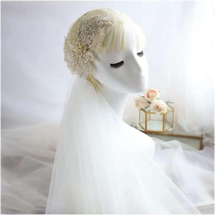 Voile long en dentelle féerique, belle coiffure, maille de gaze blanche, accessoires de cheveux pour mariage