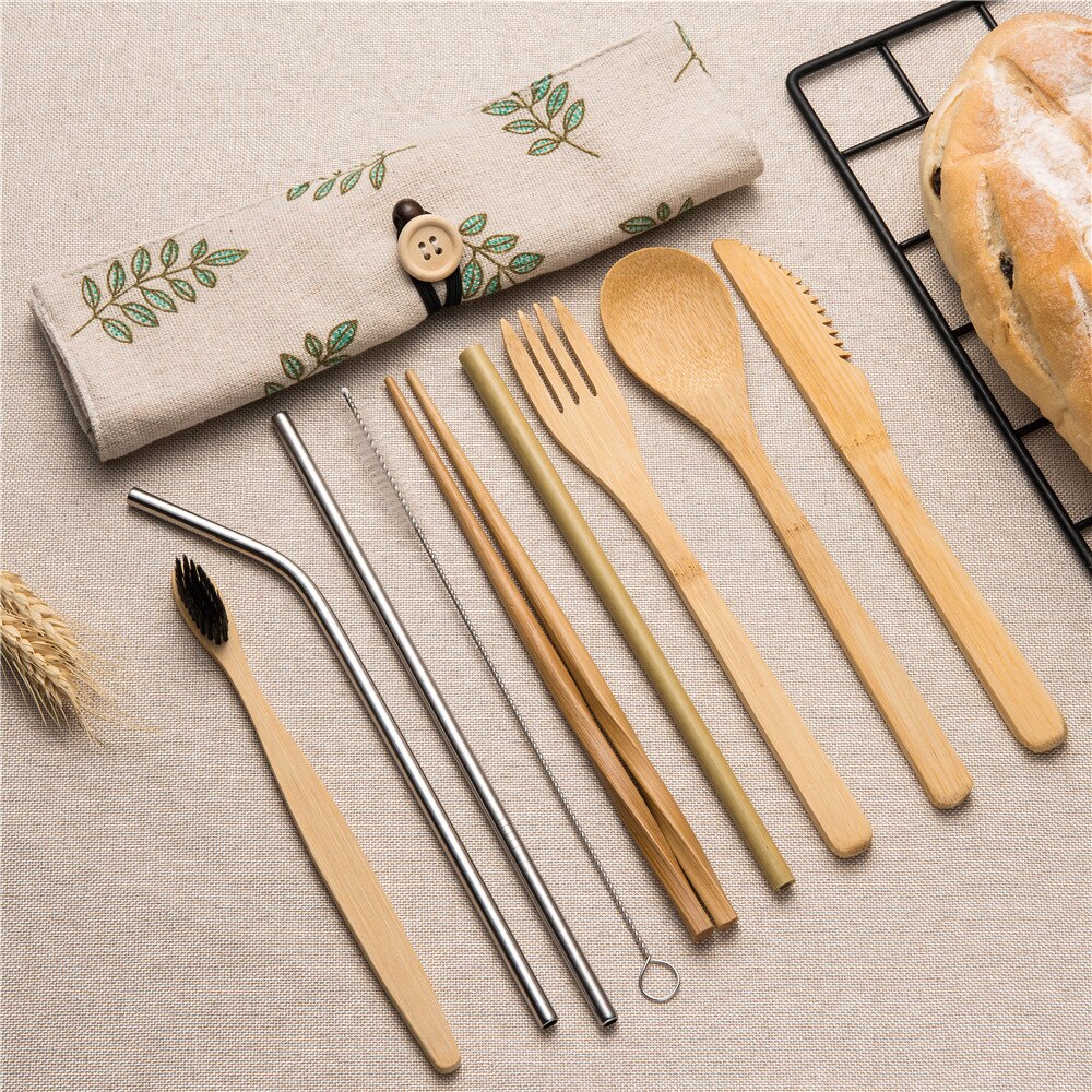 10 stuks Herbruikbare Bamboe Bestek Set Draagbare Servies Houten Bestek Vork Lepel Mes Set met Bestek Tas voor Travel Dinning set: 10pcs set003