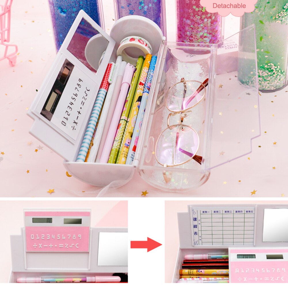 Quicksand Pencil Box Translucent Multifunction Cylindrical Pencil Case with Mirror Calculator School Student Stationery