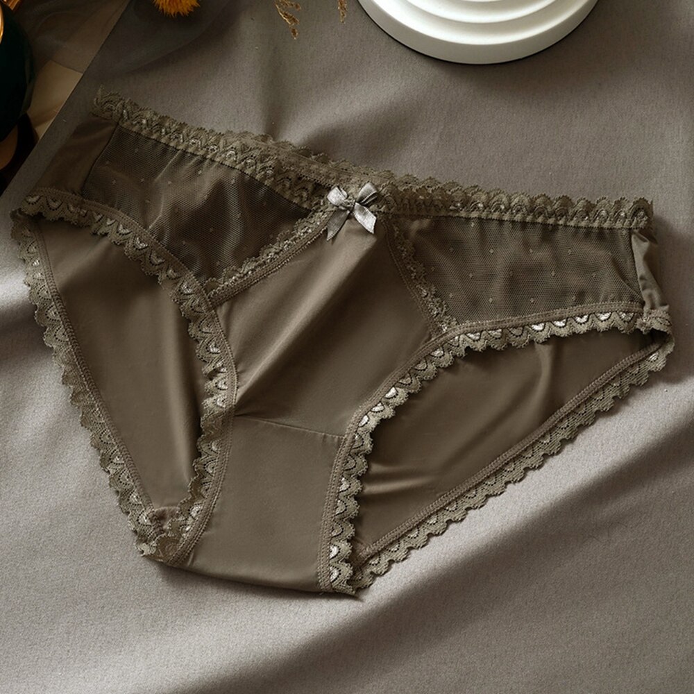 Women&#39;s Sexy Lace Underwear Panties Seamless Mid-low Waist Ultra-thin Panties Transparent Bow Ladies Panties Briefs: coffee