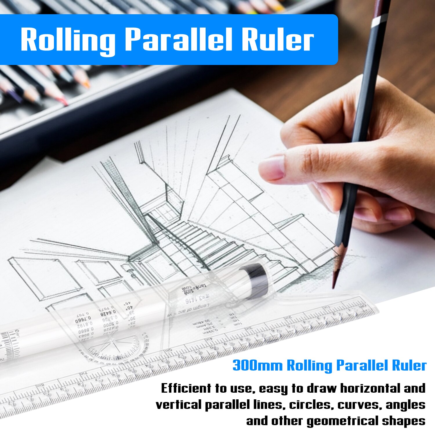 300mm Rolling Parallel Ruler Multipurpose Rulers Balancing Scale with Roller for Drawing Lines Circles Geometrical Shapes