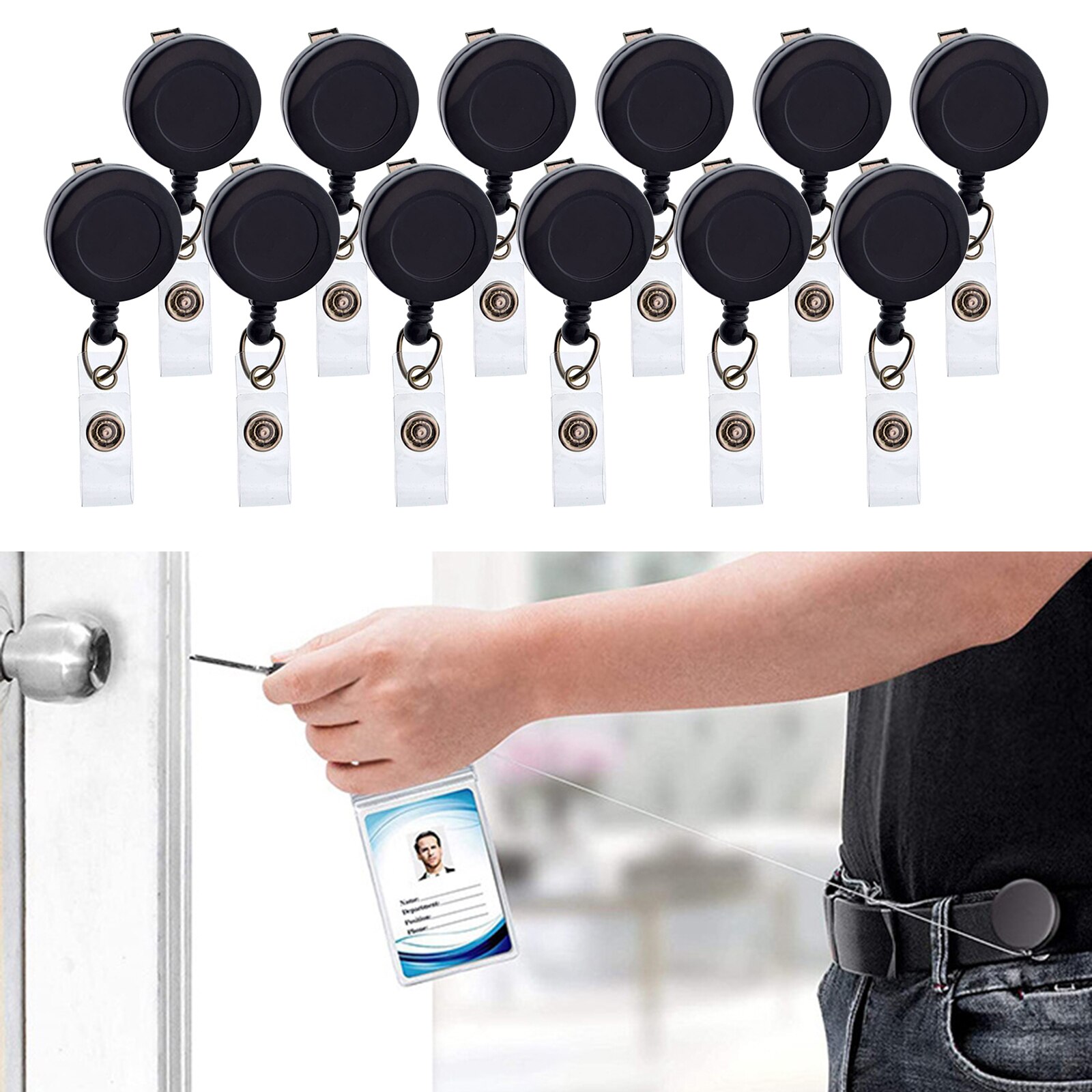 12pcs/Set Retractable ID Badge Holder Reels Key Ring Holders Badge Holder, Heavy-duty Steel Wire Cord: black