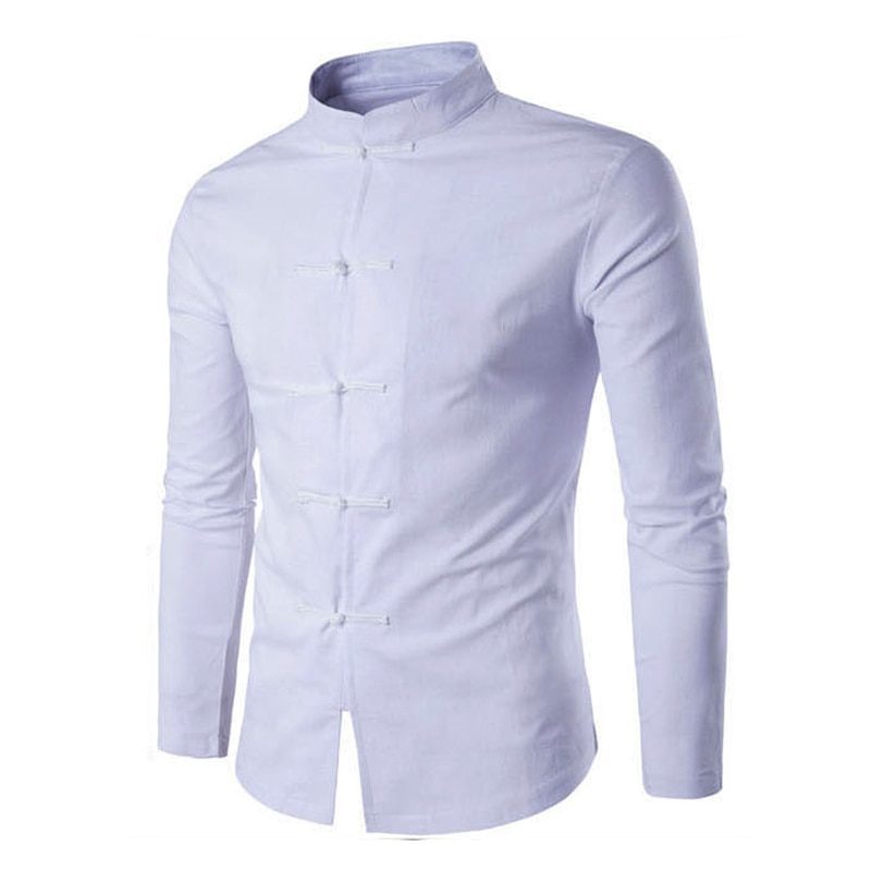 Tang dragt afslappet solid mandarin krave langærmet linned skjorte mænd slim fit social kjole skjorte hvid sort