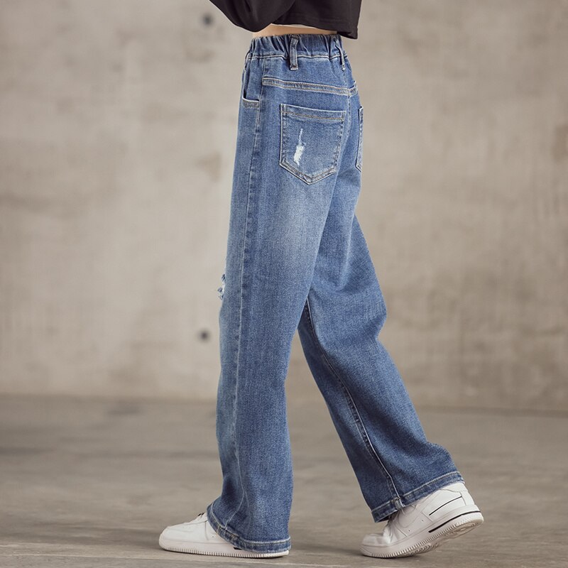 coréen déchiré jambes larges filles jean solide taille élastique droite enfants pantalons 3-15 ans printemps et automne enfants vêtements