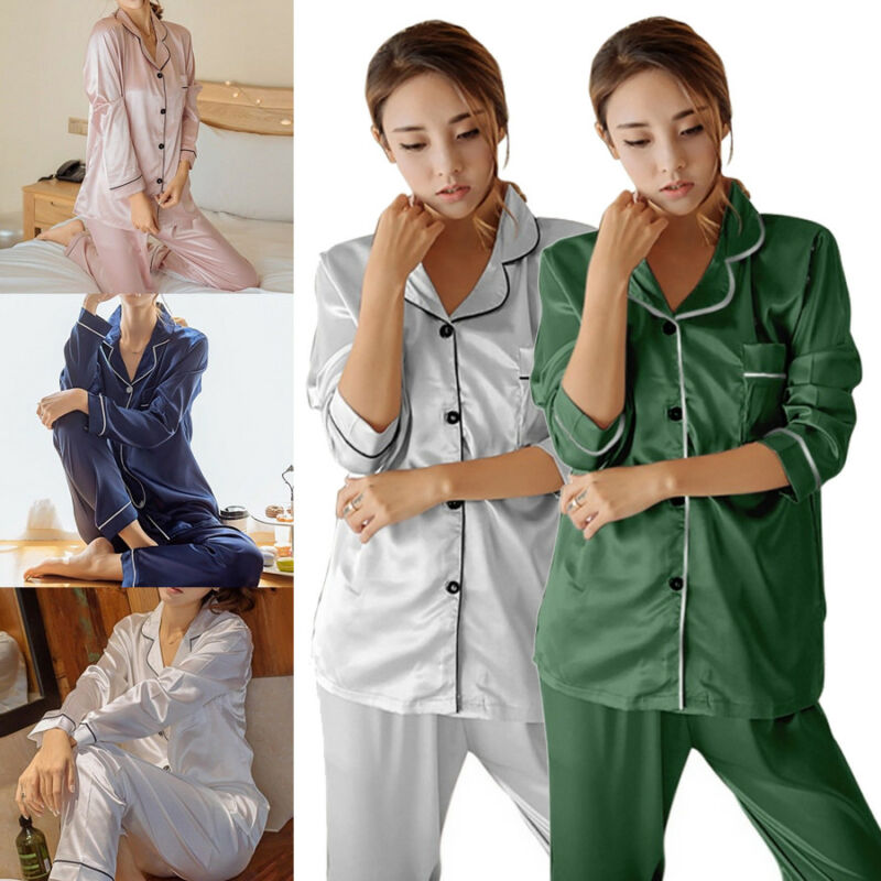 Women Girl Silk Satin Pajamas Set Pyjama Sleepwear Nightwear Loungewear Homewear Solid Color Comfortable Soft