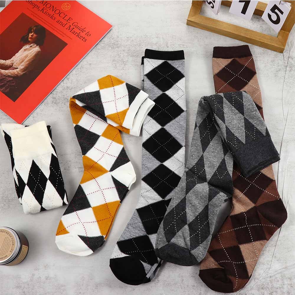Girl JK Knee High Socks Stockings College Rhombus Plaid Knee Socks Women Keep Warm Female Sock Ladies Long Socks