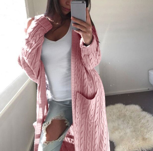 dame lang cardigan genser topp langermet løs strikket cardigan genser dame strikket dame cardigan femme: Rosa