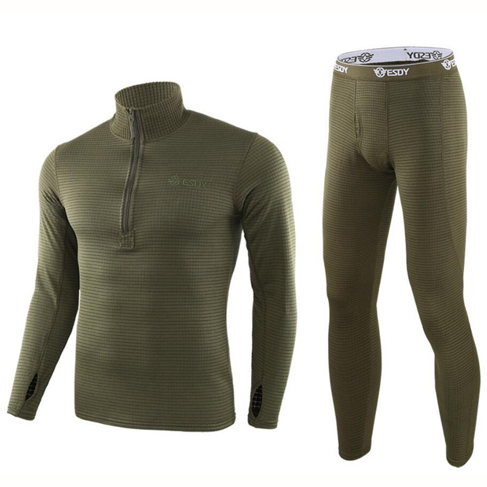 ESDY Motorcycle Thermal Underwear Set Quick Dry Stretch Men Thermo Underwear Running T-shirt Set Tight Long Tops & Pants M-2XL: XXL / Army Green